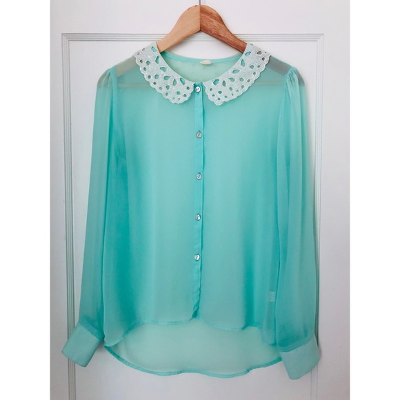 Tops - Seafoam mint teal sheer blouse with Sequin Collar